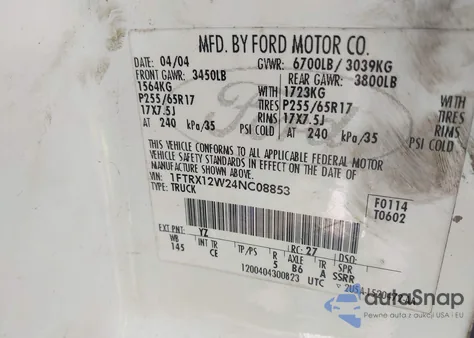 2004 Ford F-150 Stx/Xl/Xlt z USA, uszkodzony, nr VIN 1FTRX12W24NC08853